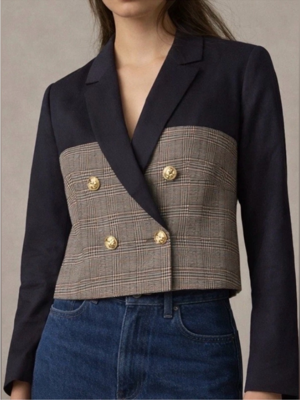 Jason Wu Navy and Brown Plaid Cropped Double-Breasted Blazer